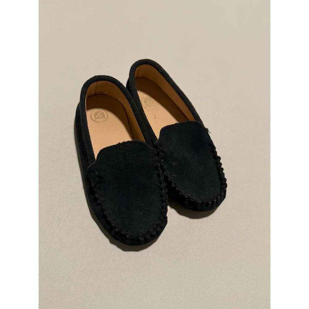 Kids Dark Blue Suede Loafers Slip On Moccasin Dress Shoes Pebble, size appx 9